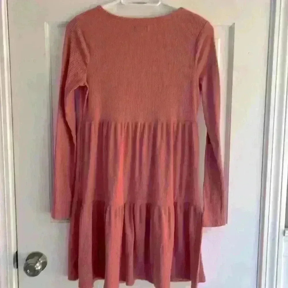 ribbed dress burnt orange tiered flowy fit n flare babydoll lagenlook - Picture 5 of 5